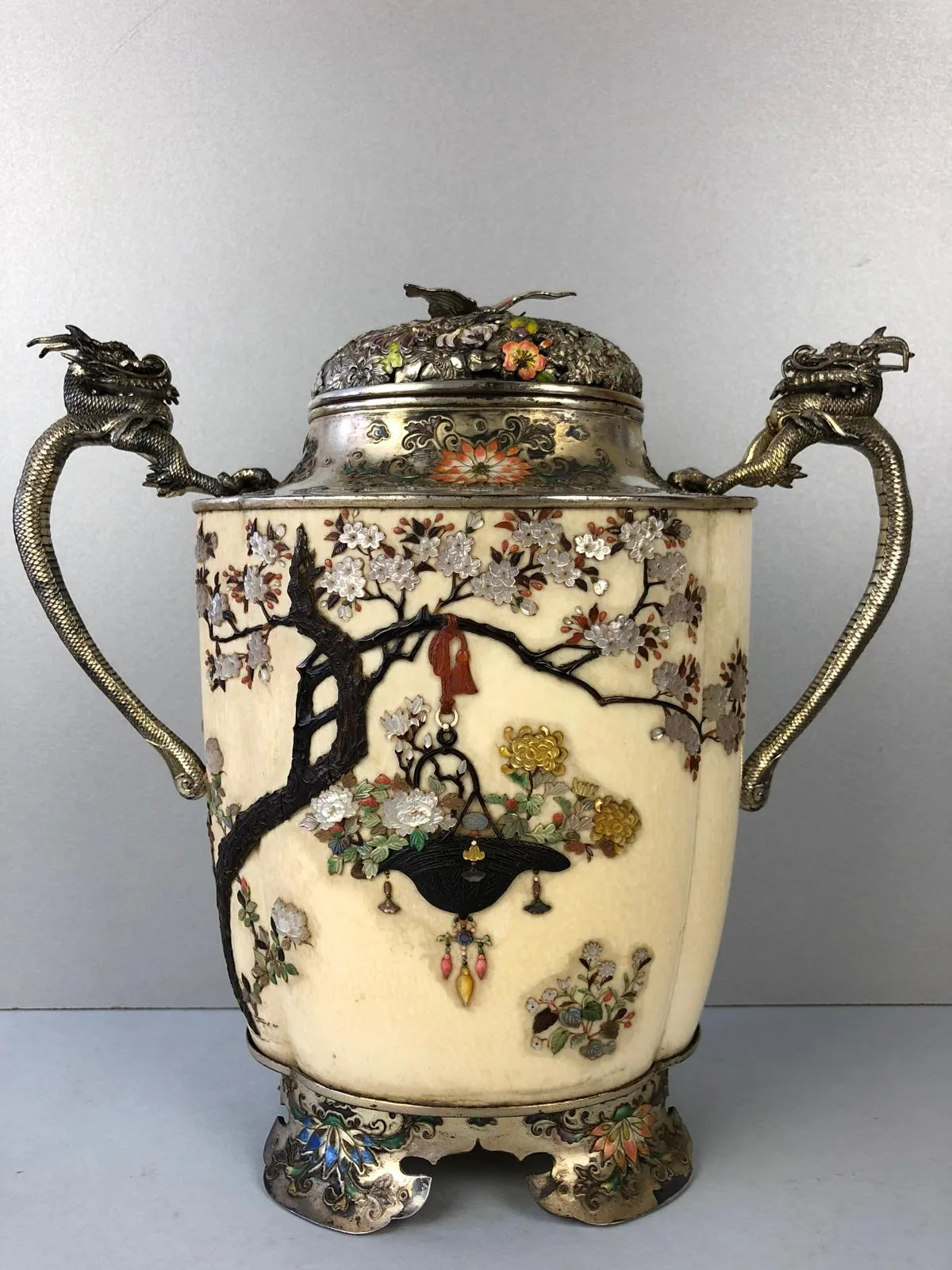 Shibayama silver-mounted vase, Meiji period