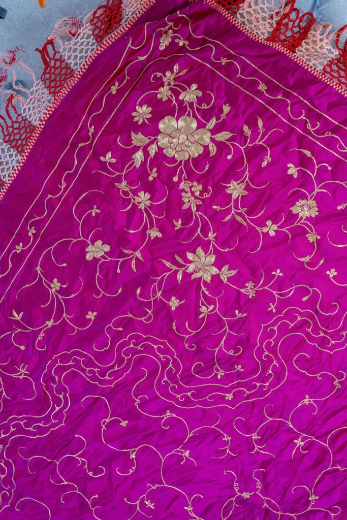 Magenta Manila Shawl, Silver Embroidery
