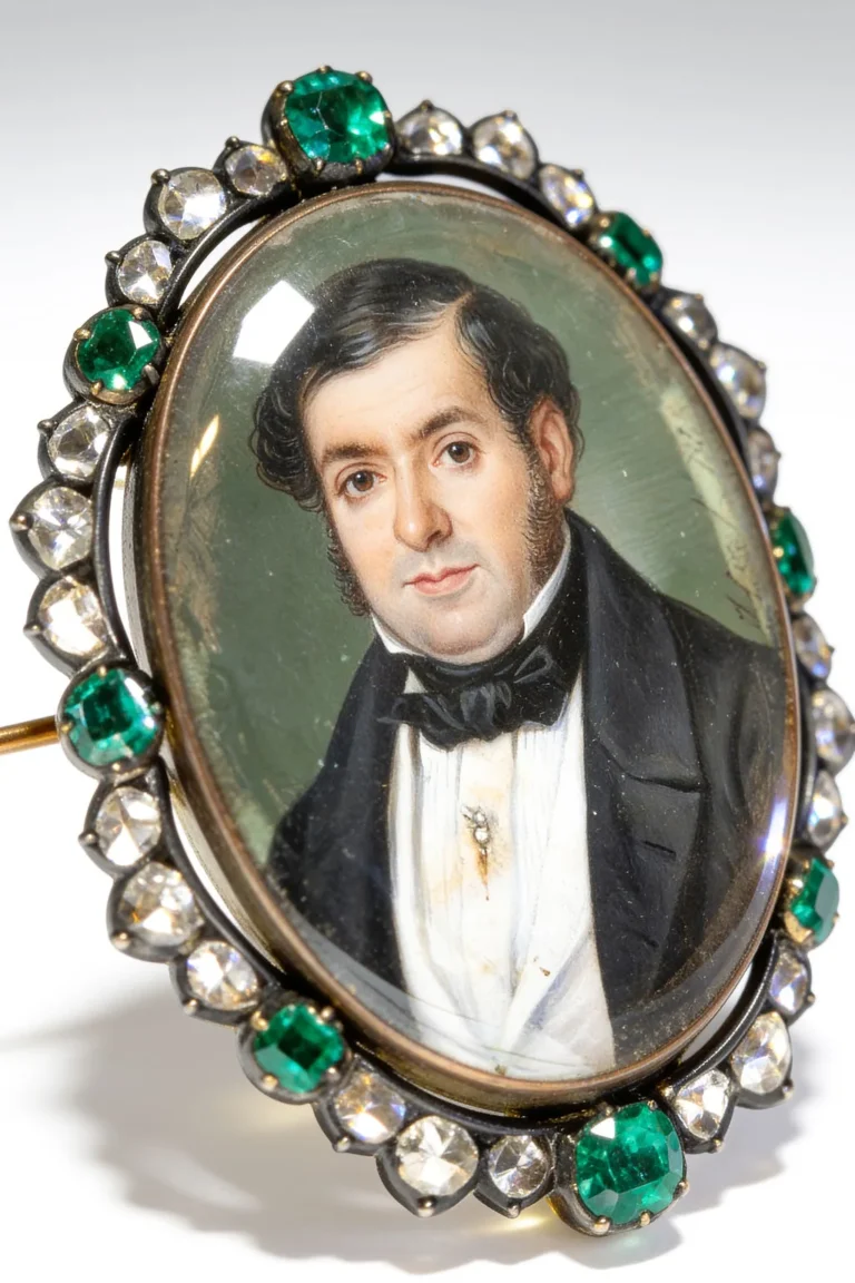 Miniature of a gentleman within a border of emeralds and old-cut diamonds.